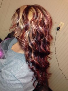 2b Hair Color Ideas, Red And Blonde Highlights Curly Hair, Red And Blonde Hair Color Curly, Red Blonde Black Hair, Curly Red Hair With Blonde Highlights, Calico Hair Color Curly, Red Tipped Hair, Red Black And Blonde Hair, Dark Red And Blonde Hair Color