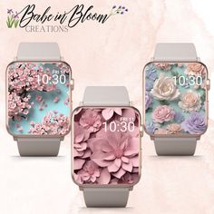 three smart watches with flowers on them and the words breathe in bloom creations written below