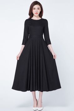 "Black dress in classic style. DETAILS * 50% linen , 50% cotton blend * No lining * Seam pockets * 3/4 sleeves, pleated on the hem of the sleeves * Right zipper closure * Fit and flare dress * Midi Length * Summer, Spring, Autumn * Wash by hand or machine with cold water, Ironing after dry * Size Guide https://www.etsy.com/listing/722950722 * SIZE CHART https://www.etsy.com/listing/736810337 * Fabric Swatch https://www.etsy.com/listing/809552461 SIZE GUIDE Size vary between Brand and Country Ple Black Linen Dress Outfit, Linen Dress Outfit, Green Linen Dress, Dress Outfits Party, Tailored Clothes, Black Linen Dress, Floaty Dress, Feminine Chic, Dress Pleated