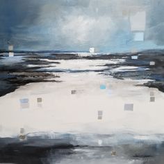 an abstract painting with black, white and blue squares on the ground in front of a cloudy sky