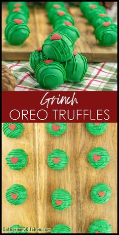 green oreo truffles with red hearts on them and text overlay that reads grin