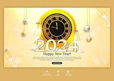 a happy new year banner with an image of a clock and light bulbs hanging from the ceiling