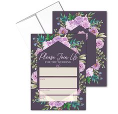 two wedding stationery cards with purple flowers and greenery on the front, one is for