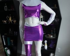 Grape Purple Holographic Sleeveless Turtle Neck Crop Top & | Etsy Fitted Metallic Shiny Crop Top, Metallic Shiny Fitted Crop Top, Fitted Metallic Crop Top For Summer, Metallic Fitted Disco Crop Top, Stretch Crop Top For Cosplay, Fitted Crop Top For Summer Costume Party, Fitted Pink Rave Crop Top, Pink Fitted Rave Crop Top, Fitted Pink Crop Top For Rave