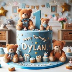 two teddy bears sitting on top of a blue birthday cake with the number one candle