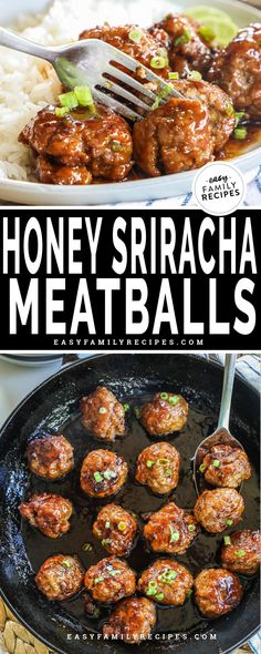 honey sriraca meatballs in a skillet with rice