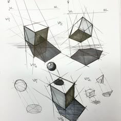 an artistic drawing of cubes and spheres