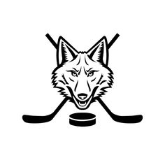 an image of a wolf with hockey stickers on it's head and two crossed sticks