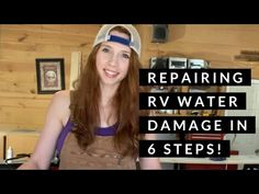 a woman with red hair wearing a visor and smiling at the camera, text reads repairing rv water damage in 6 steps