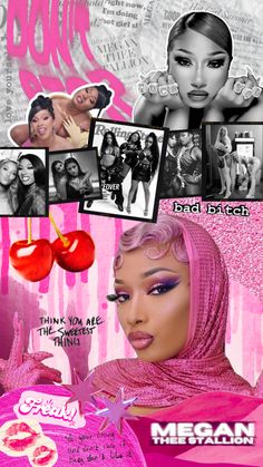 a collage of photos with the names of different women in pink and black colors