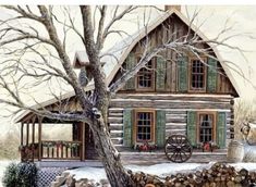 a painting of a log cabin with a horse and wagon in the snow by a tree