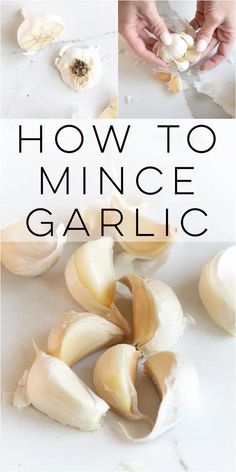 garlic being peeled and cut into pieces with text overlay how to mince garlic