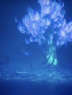 a blue tree in the middle of water with light coming from it's branches