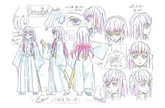 an anime character's hair and makeup is shown in this drawing, which shows the various