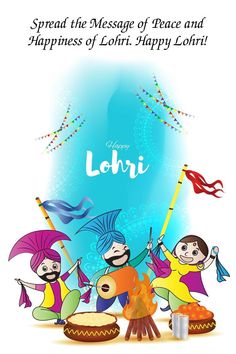 happy lohrii festival greeting card with cartoon characters and colorful flags on blue background