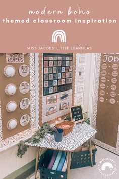 a table with some books on it and the words modern boho theme classroom inspiration