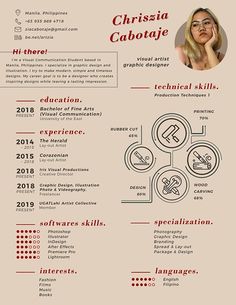 a red and white resume with an image of a woman's face on it