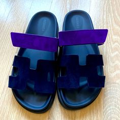 Brand New Hermes Chypre Sandals With Dust Bag And Box Size 38 Color: Marine/Violet Luxury Purple Leather Sandals, Hermes Oran Sandals, Orange Sandals, Navy Sandals, Hermes Shoes, Gold Sandals, Espadrille Sandals, Sandals Brands, Slingback Sandal