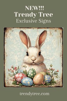 This exclusive Trendy Tree sign features a charming vintage-style design perfect for spring and Easter-themed décor. At its center is an adorable white bunny with lifelike details, surrounded by a vibrant arrangement of pastel-colored Easter eggs and delicate spring florals. The edges are weathered with a vintage patina, adding character and making it ideal for wreath making or as a standalone home decor piece! #exclusivesigns #easter #easterbunny #eastersign #wreathsign #homedecor #decor