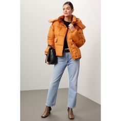 Orange nylon (100% Polyester). Puffer. Long sleeves. High neck. Front zipper fly with button closure. 23" from shoulder to hemline. Imported. Orange Puffer Jacket, Winter Outerwear, Rent The Runway, Closet Designs, Vibrant Orange, Puffer Jacket, Front Zipper, Puffer, High Neck