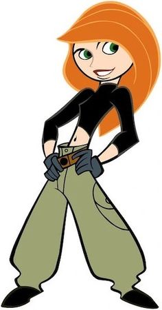 an orange haired woman with green pants and black shirt is standing in front of a white background