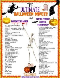 the ultimate halloween movies list for kids and adults with pictures on it, including pumpkins,