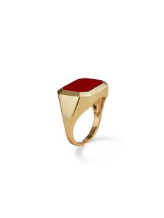 Editor's NotesPANACHE CHASUNYOUNG presents a bold ring with a Carnelian embellishment. The color contrast of yellow gold and red highlights the item. - Square carnelian embellishment- Bold silhouette- Yellow gold and red combination- Antique metal- Size adjustable- Luxurious and feminine mood Measurements(in.)One SizeComposition & Care- Material: Natural Carnelian, Antique Gold Plated Brass- Plated products may discolor over time due to their nature.- Please be careful that discoloration may proceed faster in chemical substances, water, and heat.- As all jewelry products are vulnerable to discoloration, we recommend you gently wipe them with a dry cloth and store them in an airtight zipper bag when not wearing them Designer- by PANACHE CHASUNYOUNG Red Rectangular Rings With Polished Finish, Red Rectangular Ring With Polished Finish, Rectangular Red Rings With Polished Finish, Red Rectangular Jewelry With Polished Finish, Modern Red Rings For Formal Occasions, Modern Red Ring For Formal Occasions, Formal Carnelian Signet Ring With Polished Finish, Red Carnelian Rings With Polished Finish, Red Carnelian Ring With Polished Finish