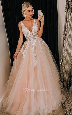 Tulle Floor-length Sweep Train A Line Sleeveless Simple Evening Dress with Flowers - Dorris Wedding Pink Tulle Evening Dress, Tulle Prom Dress A Line, Princess Dress Prom, Gaun Tulle, Princess Prom Dresses, Pink Evening Dress, Senior Prom Dresses, Pink Wedding Dress, V Neck Prom Dresses