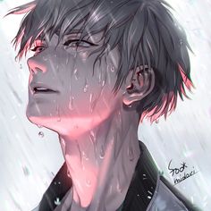 a drawing of a man with black hair and red eyeliners, in the rain