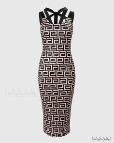 Lasaky - Geometric Print Hollow Out Bodycon Dress Chic Black Dress With Geometric Pattern, Black Dresses With Geometric Pattern For Party, Black Geometric Pattern Party Dress, Black Party Dress With Geometric Pattern, Chic Geometric Pattern Midi Dress, Black Midi Dress With Geometric Pattern For Spring, Elegant Knee-length Dress With Geometric Pattern, Elegant Knee-length Geometric Pattern Dress, Fitted Elegant Midi Dress With Geometric Pattern