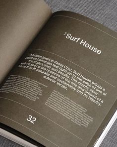 an open book with the words surf house written on it's cover and inside pages