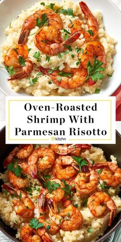 shrimp with parmesan risotto in a skillet, and the title overlay reads oven - roasted shrimp with parmesan risotto