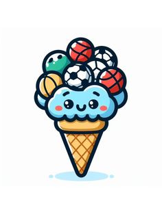 an ice cream cone filled with lots of different types of balls on top of it