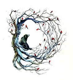 a bear is sitting in the middle of a tree with red birds on it's branches