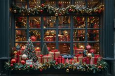 christmas decorations and presents in front of a store window with lights on the windowsill