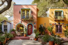 a colorful house with lots of potted plants