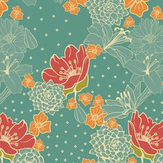 an abstract floral pattern with orange and red flowers on a green background that is seamless