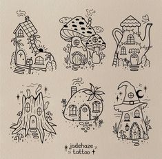 some kind of drawing on paper with different houses and trees in the background, all drawn by hand