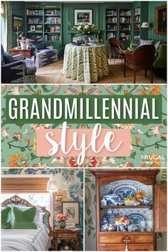 examples of grandmillennial style home decor including wallpapered china cabinent, grandmillennial bedroom and green grandmillenial library Grande Millenial Style, Grand Millennial Interior Design, Grandmillennial Style Bedroom, Granny Chic Decor Vintage Homes, Millennial Grandma Decor, Southern Grandmillenial Style