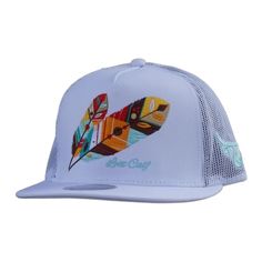 a blue trucker hat with colorful feathers on it