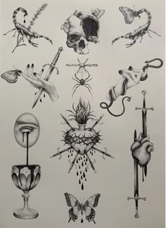 an ink drawing of different types of tattoos