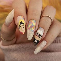 Disney Characters Nails, Pixar Nail Designs, Up Nails Disney, Nail Art Characters, Disney Character Nails, Cartoon Character Nails, Nail Art Designs Short Nails, Character Nail Art, Nail Art Designs Short