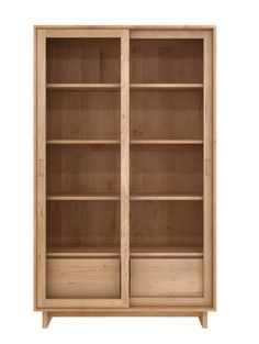 an empty wooden bookcase with two doors