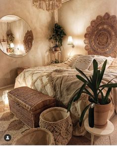 a bed room with a neatly made bed and lots of wicker baskets on the floor