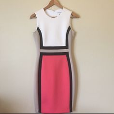 Calvin Klein Colorblock Bodycon Scuba (Thick Stretchable) Dress Sz 8 Like New Without Tags, Only A Pin Size Mark , See Image #7 Beautiful Worn Once Depending On The Lighting, This Dress Looks Bright Coral To A Lighter Tone.... White Fitted Dress With Splicing Details, Fitted White Dress With Splicing Detail, Fitted White Color Block Dress, Stretchable Dress, Color Block Bodycon Dress, Pink Calvin Klein, White Sequin Dress, Black Sleeveless Midi Dress, Calvin Klein Black Dress