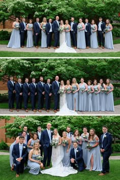 the bride and grooms are posing for pictures together in front of their wedding party