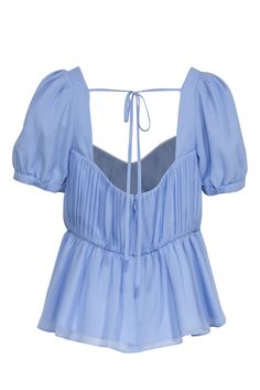 Designed with a feminine peplum silhouette in a light blue, this whimsical Self-Portrait top can be worn to various events during the day. The ruched pleated sweetheart neckline adds some feminine flare to this spring look. Keep it casual by pairing with your favorite jeans and a kitten heel! Size 10 100% Polyester Back zipper w/ tie back Sweetheart Neckline Short puff sleeve Ruched bodice Peplum Bust 36" Waist 33" Shoulder to hem 23" Sleeve length10.5" Fitted Tops With Ruched Bodice For Spring, Chic Tops With Fitted Bodice For Spring, Chic Spring Tops With Fitted Bodice, Chic Fitted Bodice Tops For Spring, Chic Tops With Ruched Sweetheart Neckline, Chic Ruched Tops With Sweetheart Neckline, Chic Fitted Ruched Peplum Top, Chic Tops With Ruffles And Fitted Bodice, Fitted Party Top With Gathered Neckline