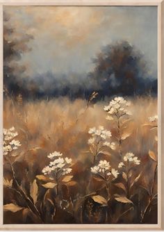 a painting of white flowers in a field