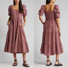 Size: Xs (Runs Large) Bust: 32-34 In. Waist: 26 In. Details & Care This Sweetly Tiered Dress Is Made From Smooth Woven Cotton With Romantic Puff Sleeves And A Smocked Back For A Custom Fit. 47" Length Sweetheart Neck Elbow-Length Sleeves 100% Cotton Machine Wash, Line Dry Imported Item #7244114 Pink Feminine Midi Dress With Button Closure, Feminine Pink Midi Dress With Button Closure, Feminine Pink Midi Dress With Buttons, Pink Feminine Midi Dress With Buttons, Pink Cotton Puff Sleeve Midi Dress, Pink Puff Sleeve Cotton Midi Dress, Pink Midi Dress With Button Closure For Daywear, Feminine Pink Button-up Midi Dress, Brown Summer Dresses