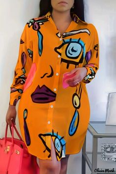 Olivia Mark - Elegant Plus Size Graphic Print Dress Shirt Sukienki Plus Size, Midi Dress Plus Size, Elegant Midi Dresses, Vestido Plus Size, Dress Women Elegant, Skirt Mini, Printed Shirt Dress, Cheap Shoes, Orange Fashion